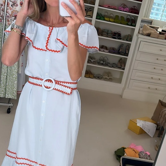Off the Shoulder Dress, Sky Blue Linen with Red Ric Rac XS - Picture 5 of 8